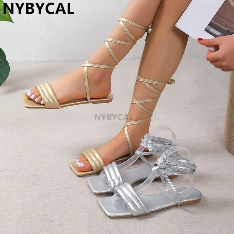 

2023 NEW Summer Women's Shoes Fashion Open Toe Flat Sandals Sexy Solid Color Lace Up Women's Shoes Plus Size 41 42 43