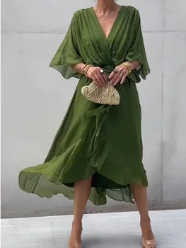 Chic Elegant Solid Color Chiffon Flowy Asymmetrical Hem Wrap Midi Dress V Neck Batwing Sleeve Waist Tie Dresses Wedding Casual