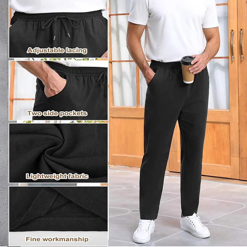 New Men's Lightweight Long Pants Summer Loose Fit Trousers for Holidays Breathable Linen Streetwear Men Fitness Sweatpants 2