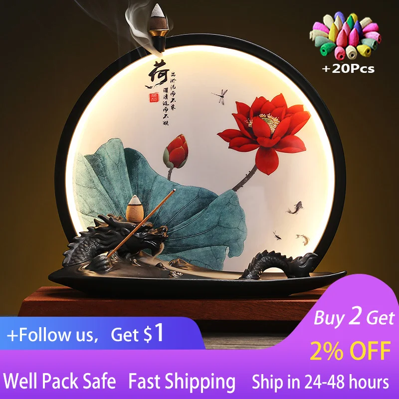 

Ceramic China Dragon Backflow Incense Burner Creative Lamp Circle USB Socket LED Lamp Zen Decoration Backflow Incense Burner