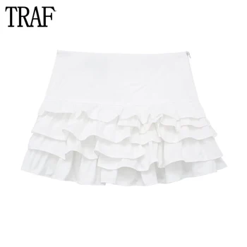 TRAF 2024 White Ruffle Skirt Women High Waist Mini Skirts for Women Summer Fairy Short Skirts Woman Vintage Beach Women's Skirts