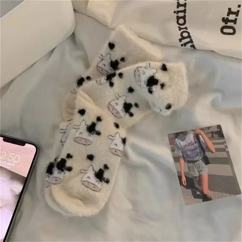 2 Pairs Cute Cow Spots Print Socks, Thickened & Warm Coral Fleece Socks, Women's Stockings & Hosiery