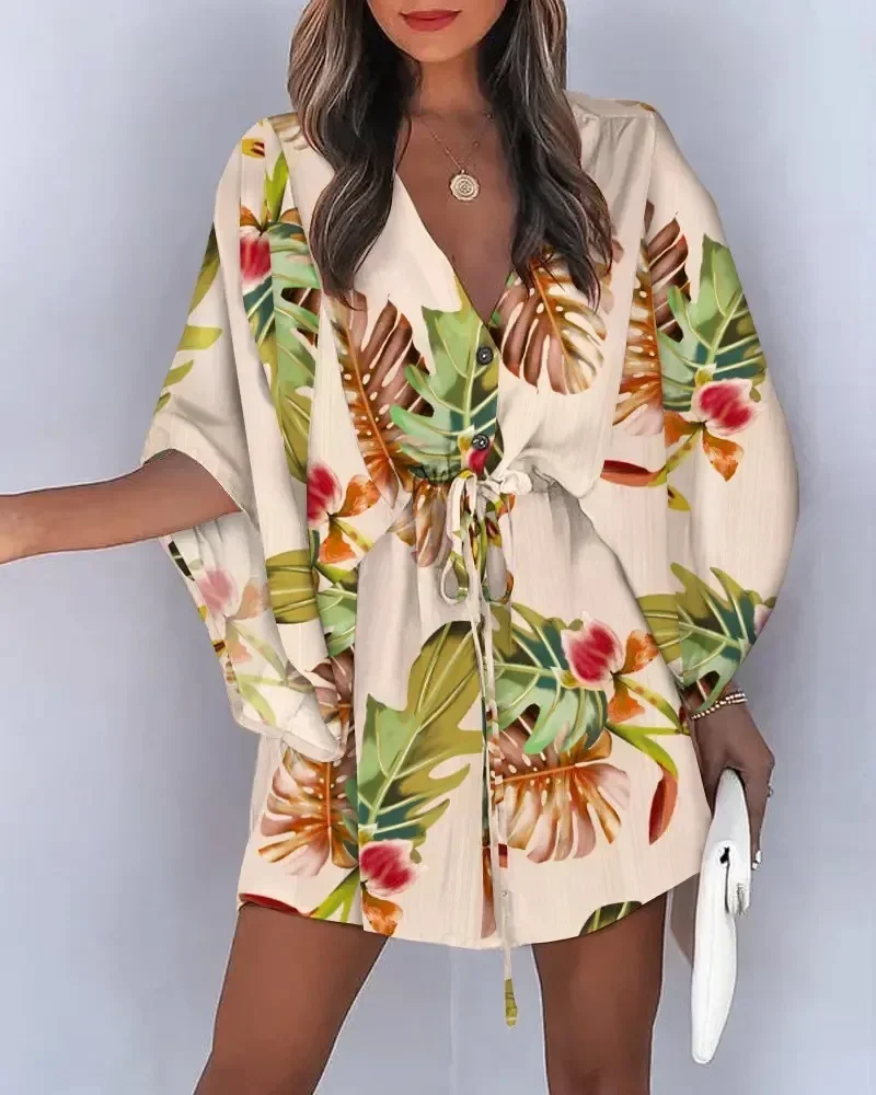 

Ladies Summer Elegant Flying Sleeve V-neck Lace Up Waisted Dress Large Size Floral Printed Beachwear Button Loose Flower Dresses