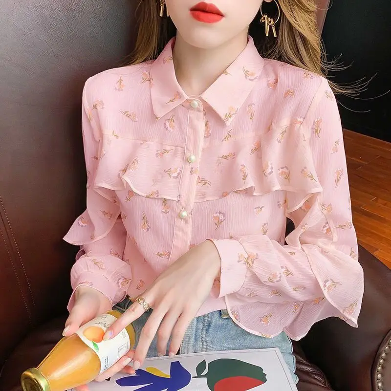 Fashion Printed Spliced Button Ruffles Shirts Women's Clothing 2023 Autumn Winter New Loose Korean Tops Sweet Blouses