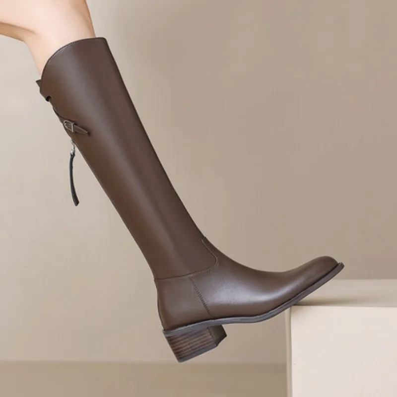 

Autumn and Winter New Long Women's Boots Simple Cross-buckle Thick Heel Boots Leather Large Size Ankle Boots for Women