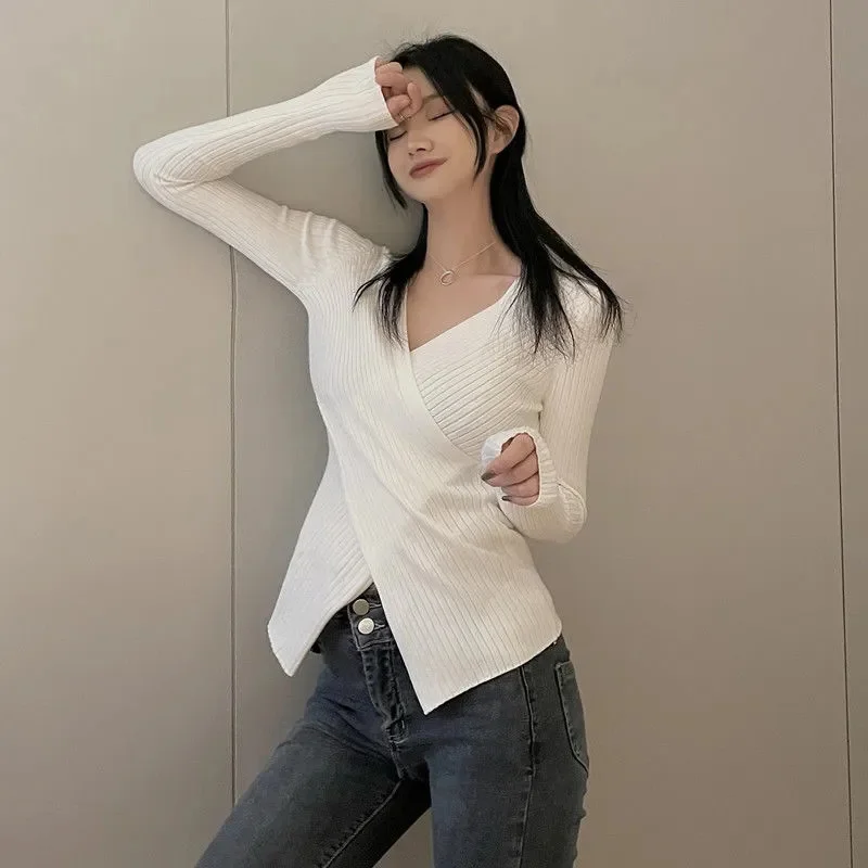 fashion New style2023 Spring and Autumn New Cross V-Neck Pink Knit Bottom Shirt Slim Fit Long Sleeve Autumn/Winter