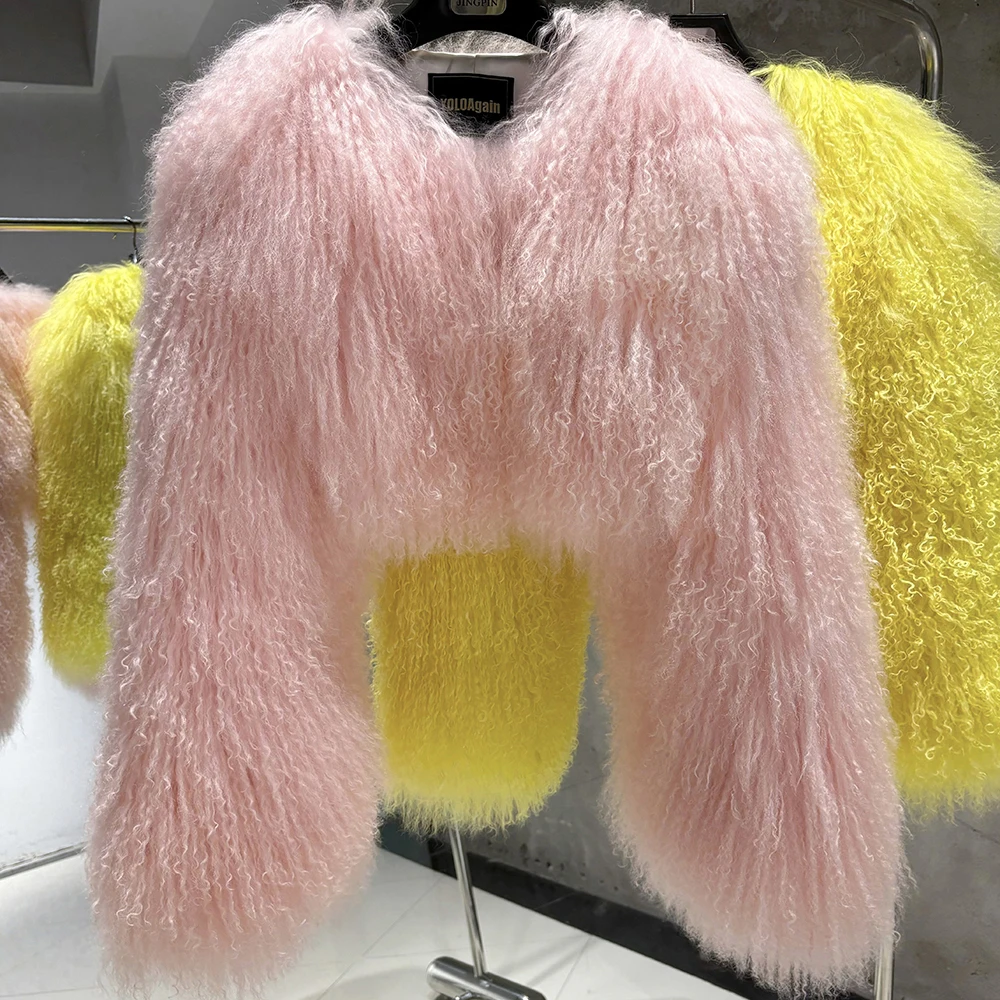 YOLOAgain Plus Size 8XL Women's Real Mongolia Sheep Fur Jacket Cropped Jacket Streetwear