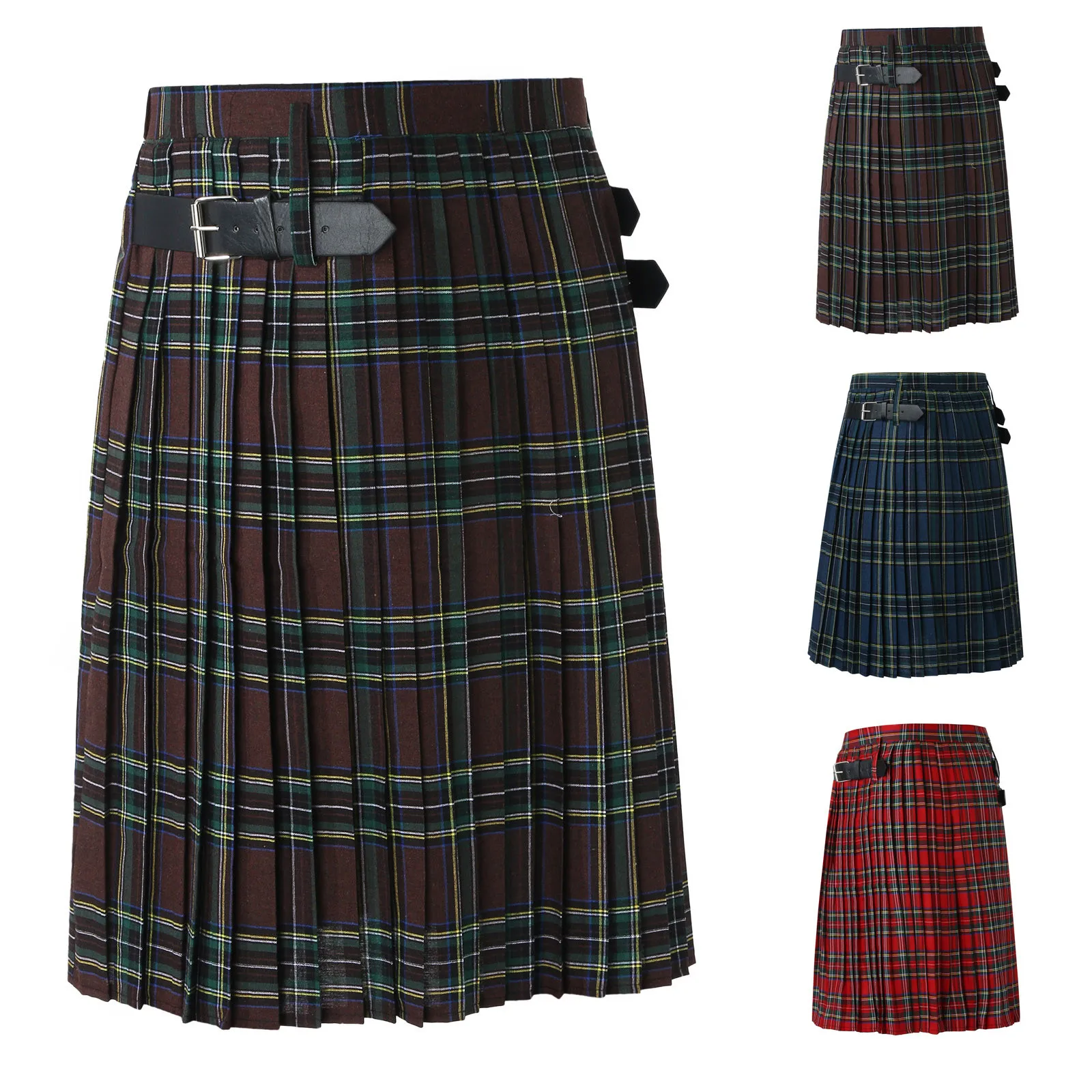 Men Scottish Festival Kilts Studded Plaid Design Rock Punk Halloween Carnival Modern Pleated Skirt