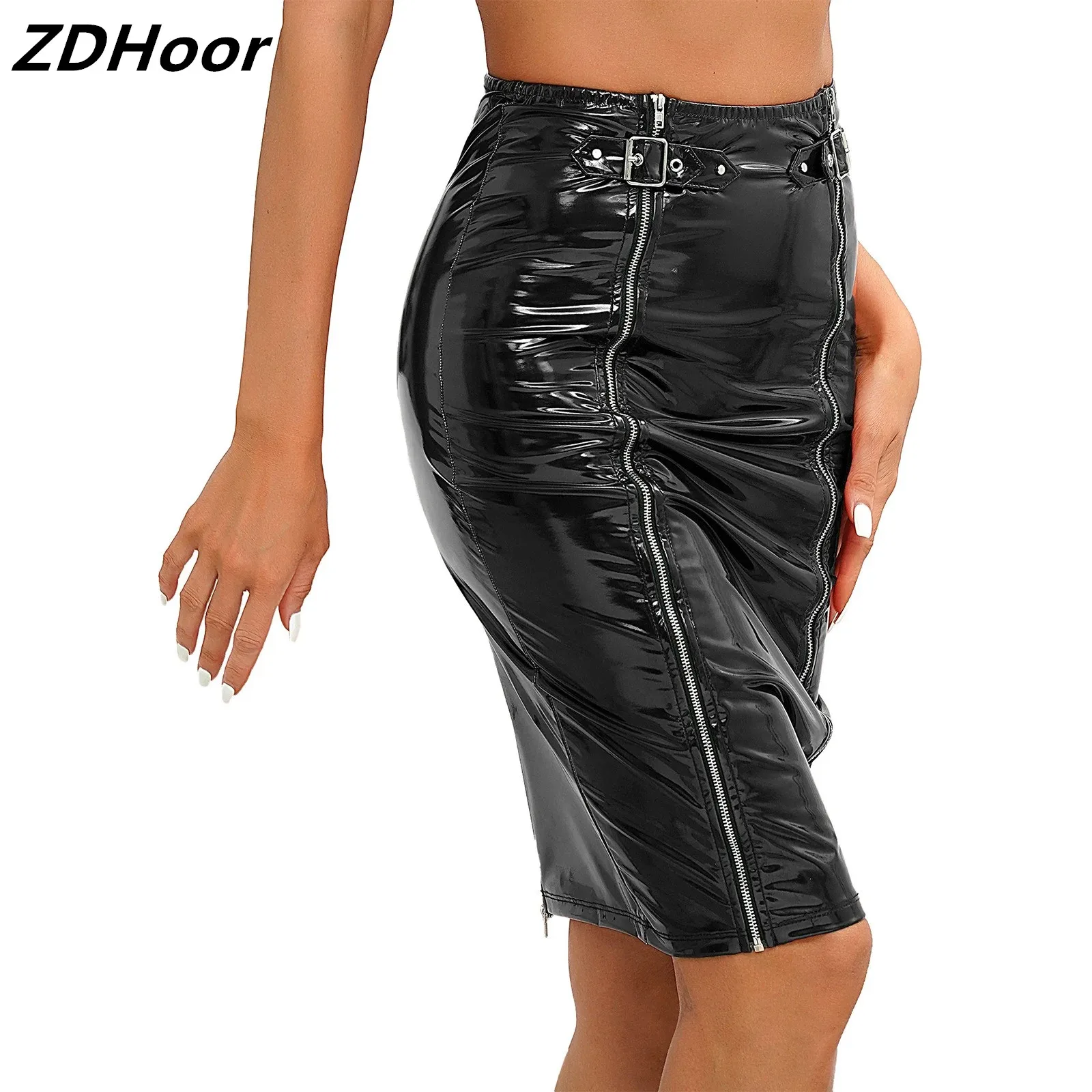 Womens Sexy Zipper Metal Buckle Skirt Wet Look Patent Leather High Waist Fashion Bodycon Skirts for Party Nightclub