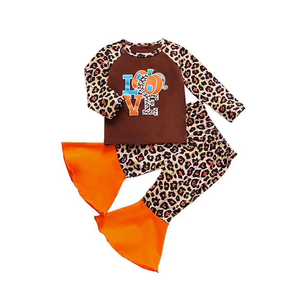 

Halloween Boutique Baby Girl Outfit Pumpkin Print Long Sleeve Leopard Flared Pants Set Baby Autumn Fashion Set