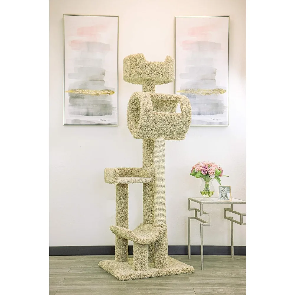 

Cat Tower, Cat Apartment, Beige, Made of Solid Wood, Swordwood Rope and Soundwave Tube - Solid Wood Cat Climbing Tower