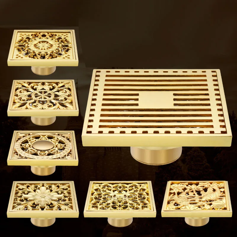 

Gold Color Brass Carved Flower Pattern Bathroom Shower Drain 4" Square Floor Drain Waste Grates azh201
