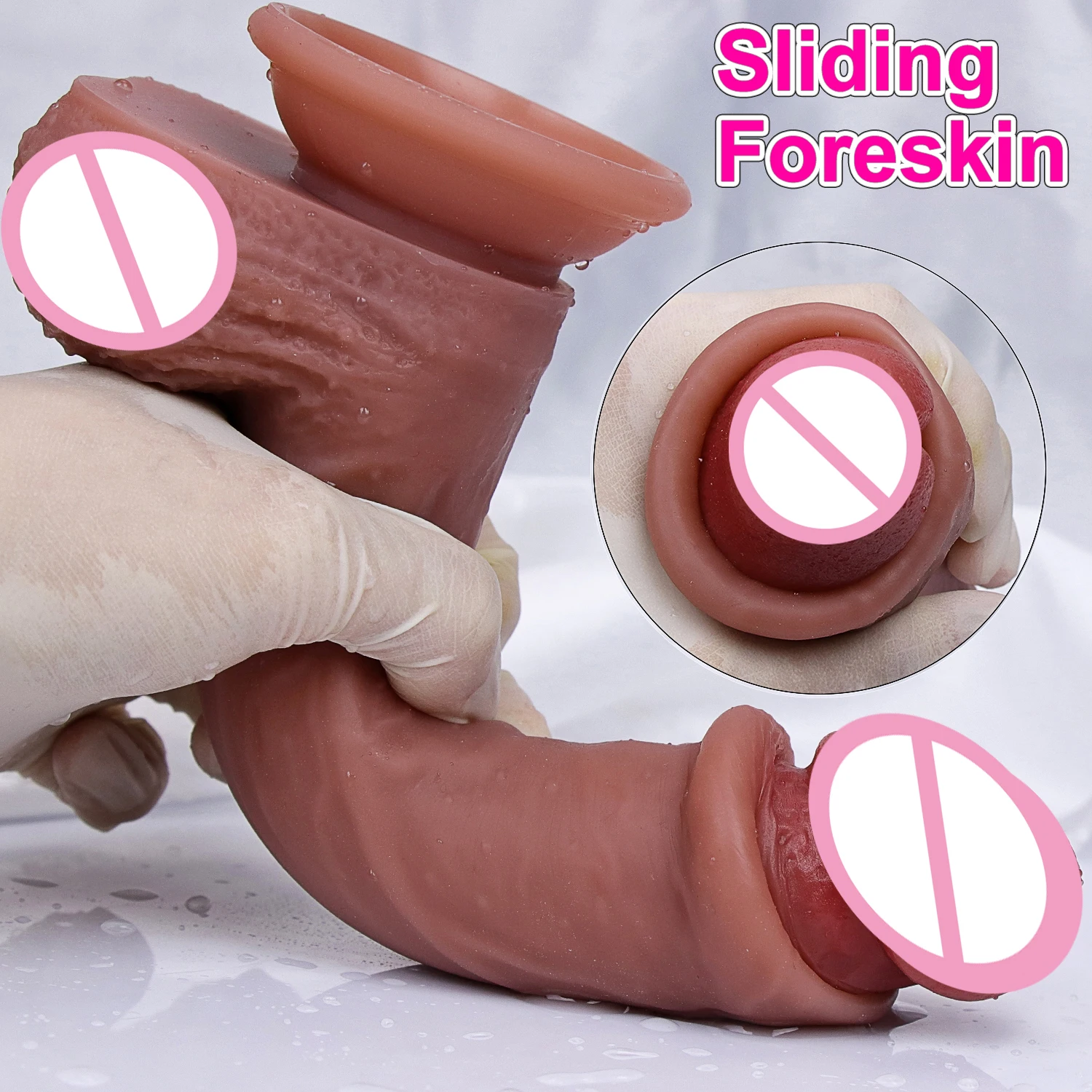 Sex Toys Male Sliding Foreskin Dildo Suction Cup Thick Cock Anal Adult Toy for Men Women Gay Double Silicone Penis