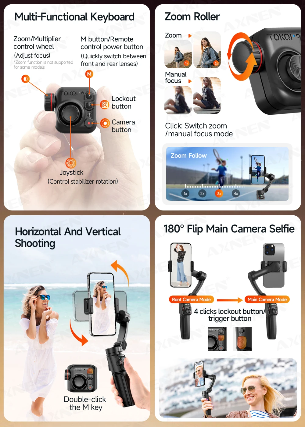 3-osiowy ręczny stabilizator gimbala z funkcją śledzenia twarzy AI, wbudowany teleskopowy pręt, smartfon, iPhone, Android, antywstrząsowy_voghion.com