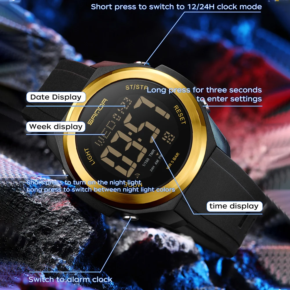 Sanda Men's Watch Countdown Multifunctional Digital Sports Watches Men Fashion Seven Colors Back Light Waterproof Wristwatch, Alina Gadgets