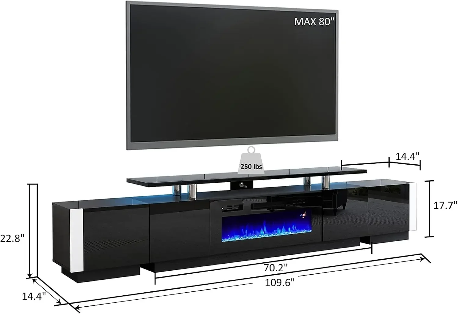 110" Large Fireplace TV Stand Set , Includes 70" 2-Tier Fireplace TV Stand, TV Console with LED Light for Living Room, Black 6
