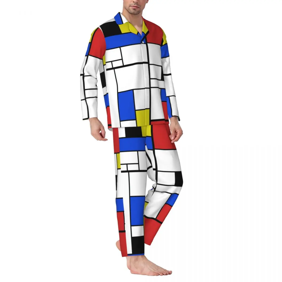 Men Pyjamas Mondrian Line Pajama Sets Colorful Plaid Soft Sleepwear Men Long Sleeve Vintage Bedroom Two Piece Home Suit Big Size XL 2XL