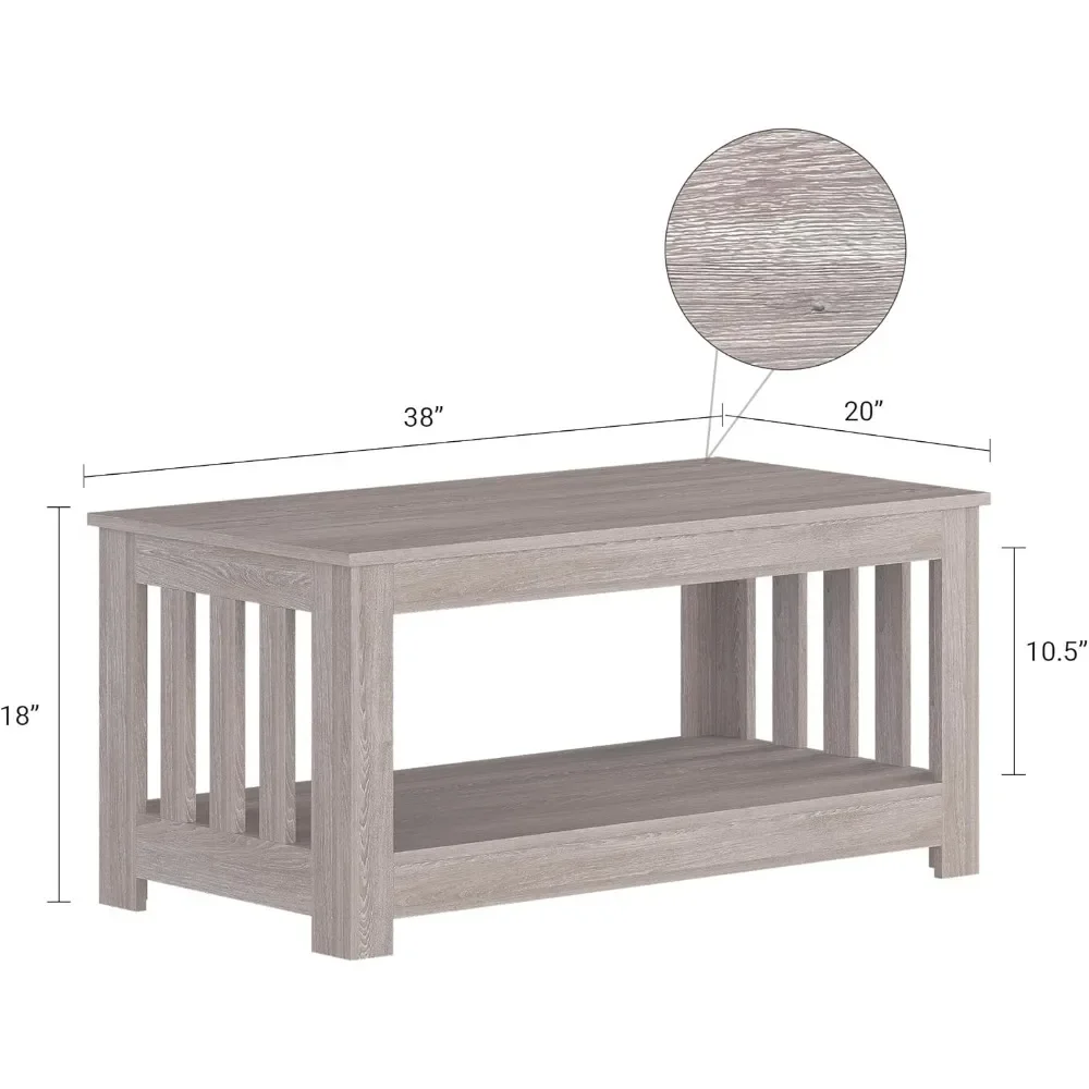 Wooden One Style Fits All Coffee Table-Gray Wash Coffee Table, 2-Tier Rectangular Unique Table for Living Room