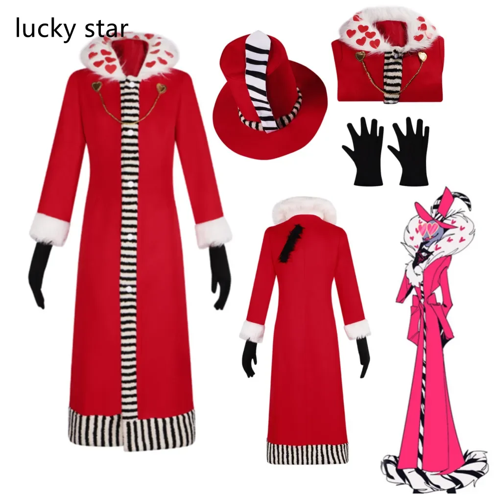 

Valentino Cosplay Anime Hazbin Cartoon Hotel Roleplay Costume Men Role Long Red Coat Gloves Boys Adult Men Halloween Party Suit