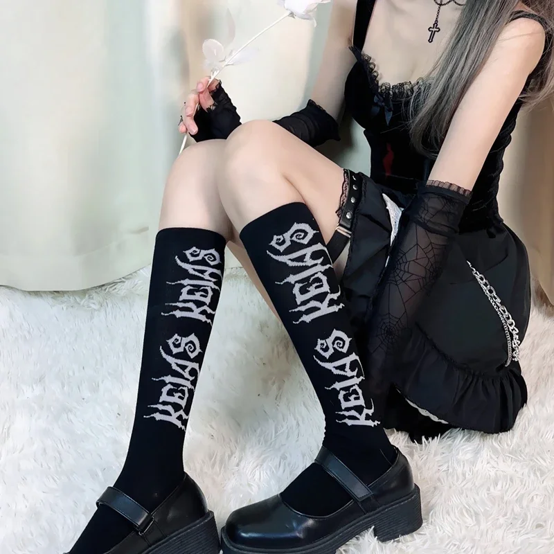 

Ruibbit Japanese Harajuku Streetwear Gothic Girls Lolita Sexy Knee High Socks Punk Women Goth Rock Letter Printing Black ins