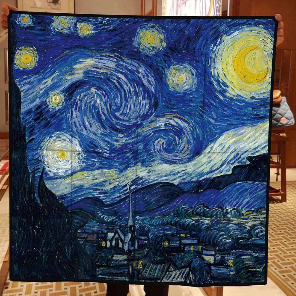 90cm Starry Sky Imitation Twill Fashion Silk Scarf Square Women Hijab Bandana Foulard Head Scarf Van Gogh Oil Painting Kerchief 5