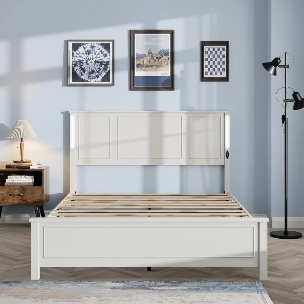 bedstead. White Wooden Bed Frame Queen Size with Headboard, Platform Bedframe with Charging Station Led Lights84"L x 61"W x 43"H 6