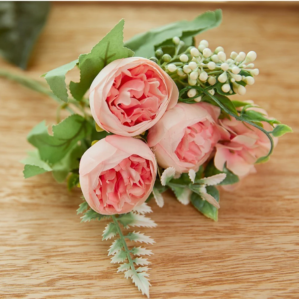 26cm Pink Silk Rose Artificial Flowers Bouquet for Cemetery Wedding Retro Peony Fake Flowers Floral Bridal Handheld Decoration