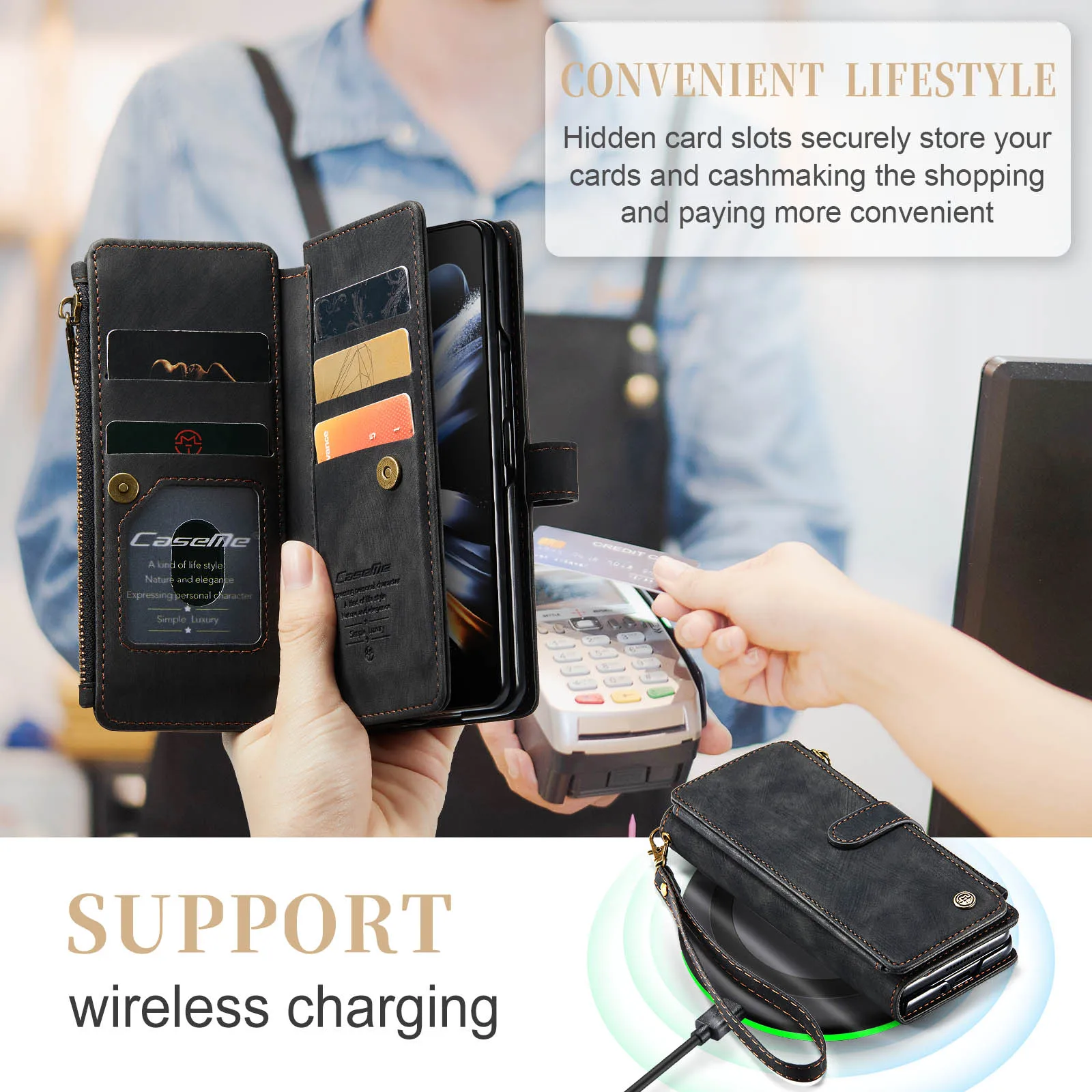 Durable PU Leather Magnetic Wallet Flip Case with Lanyard Strap and Zipper Card Holder