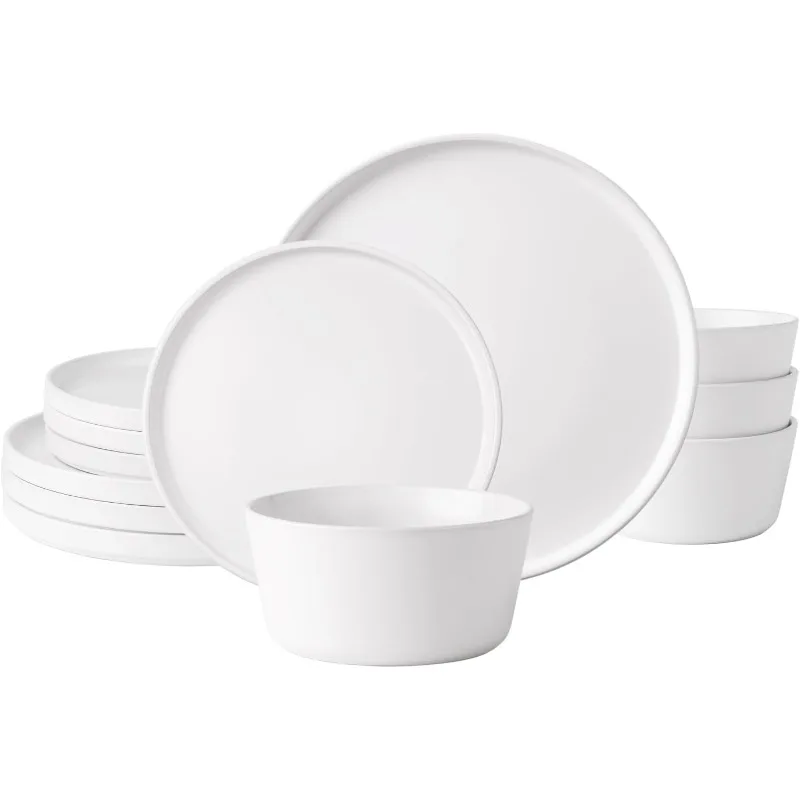 Ceramic Dinnerware Sets of 4, Modern Flat Stoneware Plates and Bowls Sets