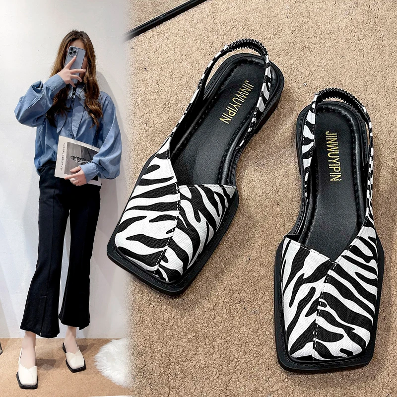 Summer Elegant Ladies Sandals Fashion Elastic Band Flat Heel Shallow Party Shoes Square Heel 35-40 Square Toe