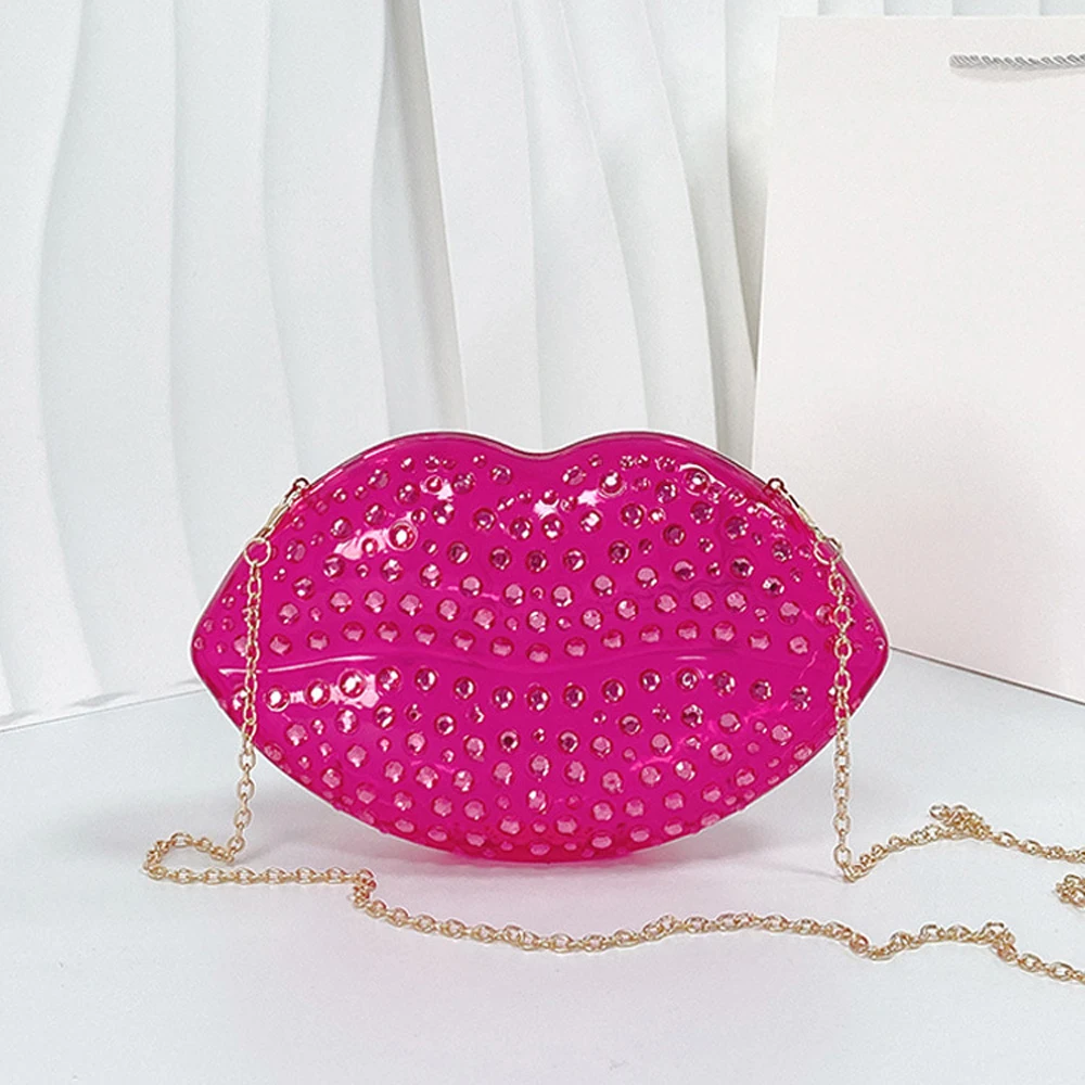 Lip Shape Rhinestones Clutch Bag Clear Acrylic Kiss Purse Luxury