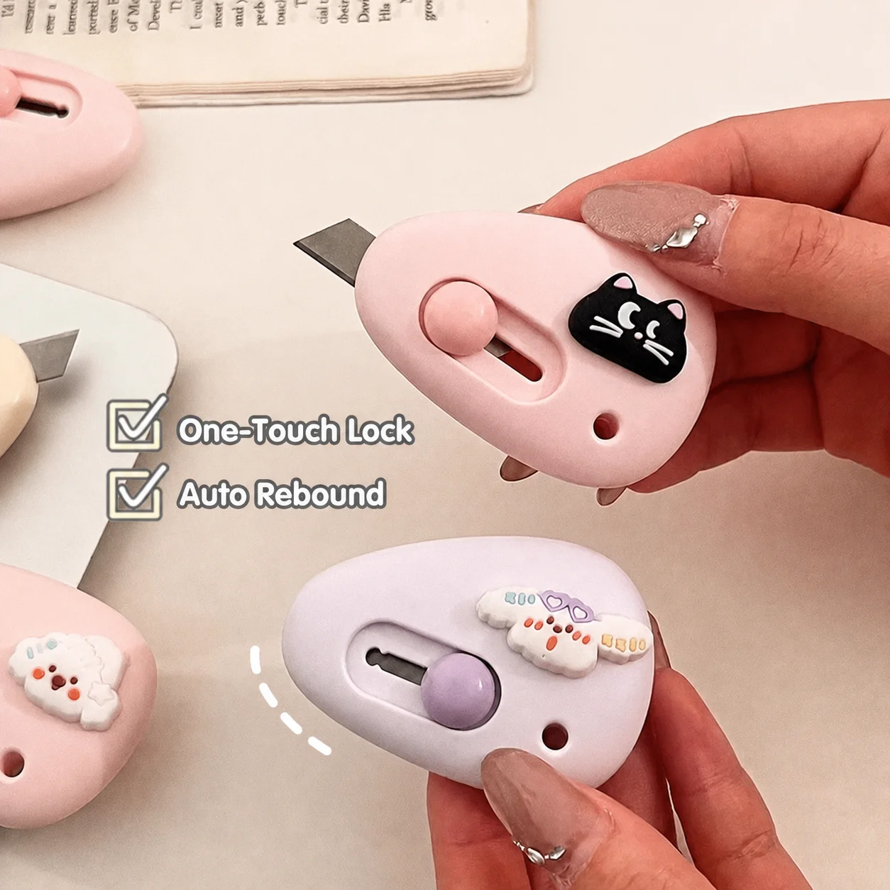 Mini coltello multiuso, adorabile apriscatole piccolo, grazioso strumento da taglio, taglierino retrattile affilato per l'apertura di pacchi in ufficio. - immagine 6