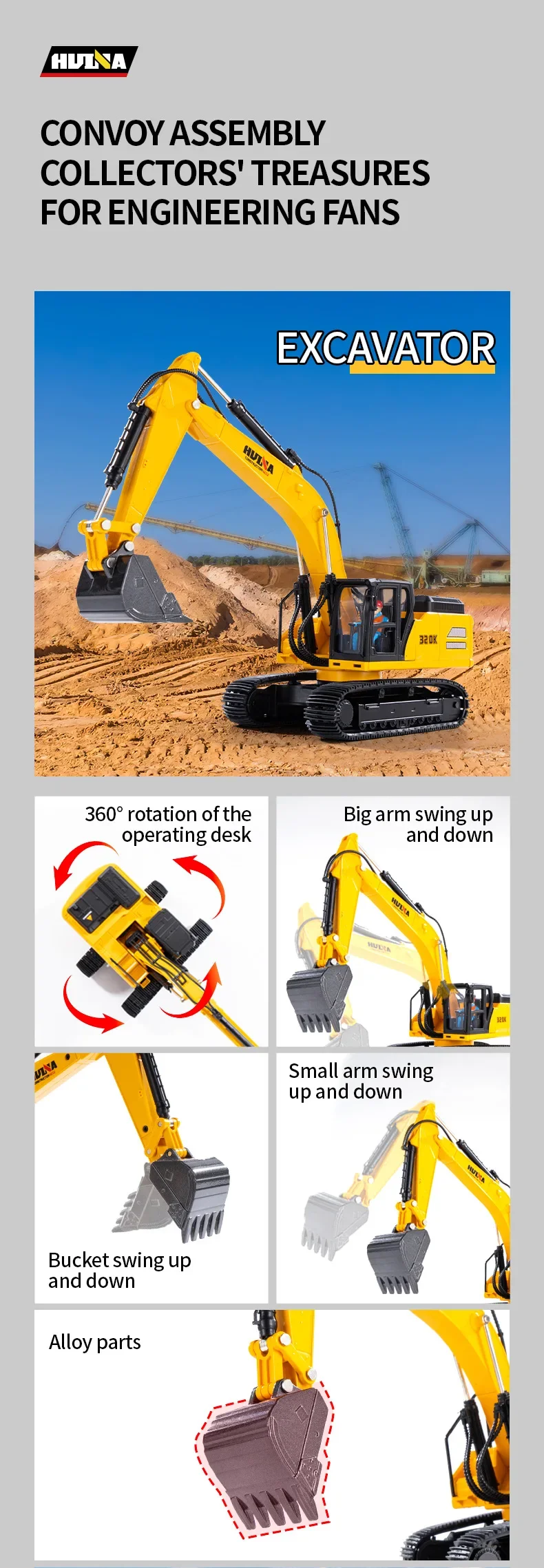 Sdedf22135f974ed58ec5dfca91e72bceu Huina Nowy produkt Statyczna koparka zrzutowa Symulacja pojazdu inżynieryjnego 1:35 Dekoracja zabawek dla dzieci Bez pilota