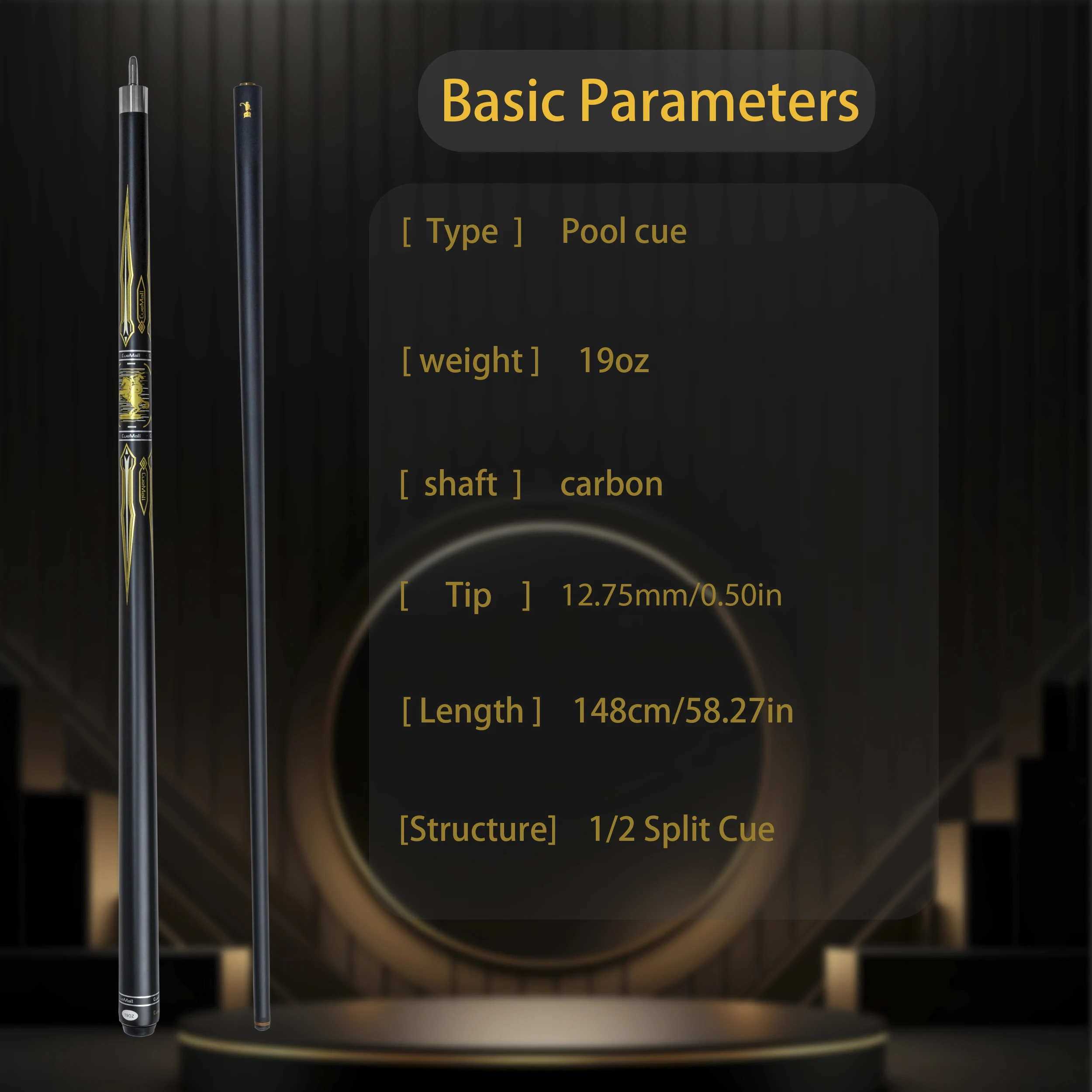 12.75mm Tip Composite Carbon Fiberglass Billiards Rod with Gold Plated Pattern, Suitable for American Nine Ball and Kailun style