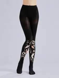 Floral Leaf Printed Pantyhose Black Pantyhose With Pattern Crane Base Stockings Distinctive Pantyhose