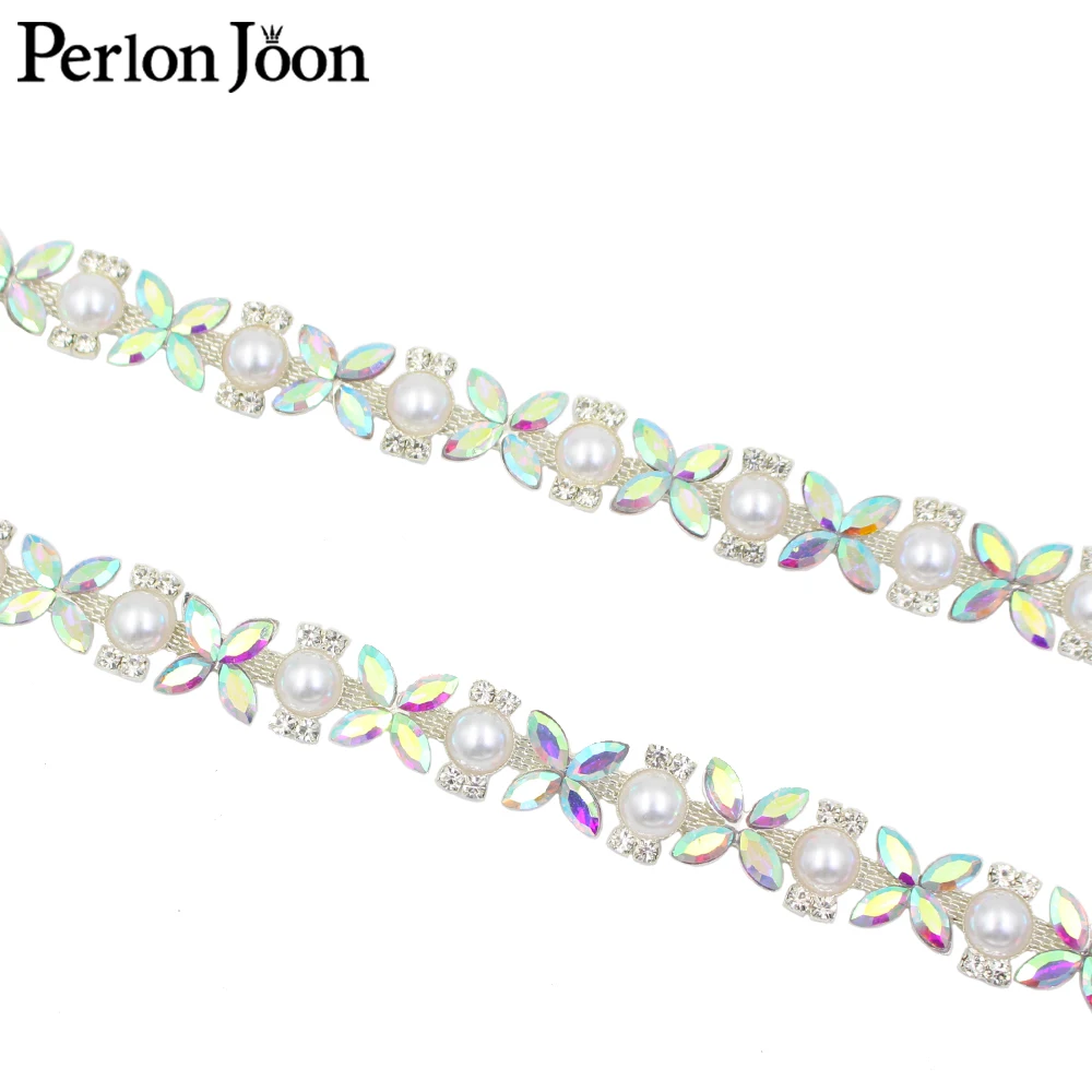 진주 AB 컬러 유리 크리스탈 리본 아플리케, 여성 의류, 웨딩 원피스, DIY 바느질 장식, 라인석 트림 체인 ML199