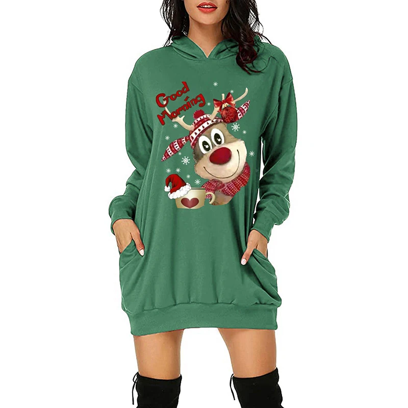 Women's Pockets Hoodies S-5XL New Years Long Sleeve Deers Printed Pullovers Merry Chritmas Autumn Winter Red Casual Sweatshirts