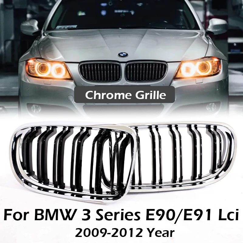 Carbon Fiber Print Grille Kidney Grill - Gloss Black & Chrome Silver Double Slat with M Color Accent