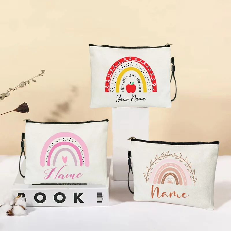 맞춤형 이름 텍스트 레인보우 메이크업 가방, 여선생님 선물, 귀여운 학용품, 연필 파우치, 여행 세면 용품 키트 