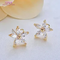 4PCS 10MM 14K Gold Color Plated Brass with Zircon Flowers Stud Earrings High Quality Diy Jewelry Findings Accessories