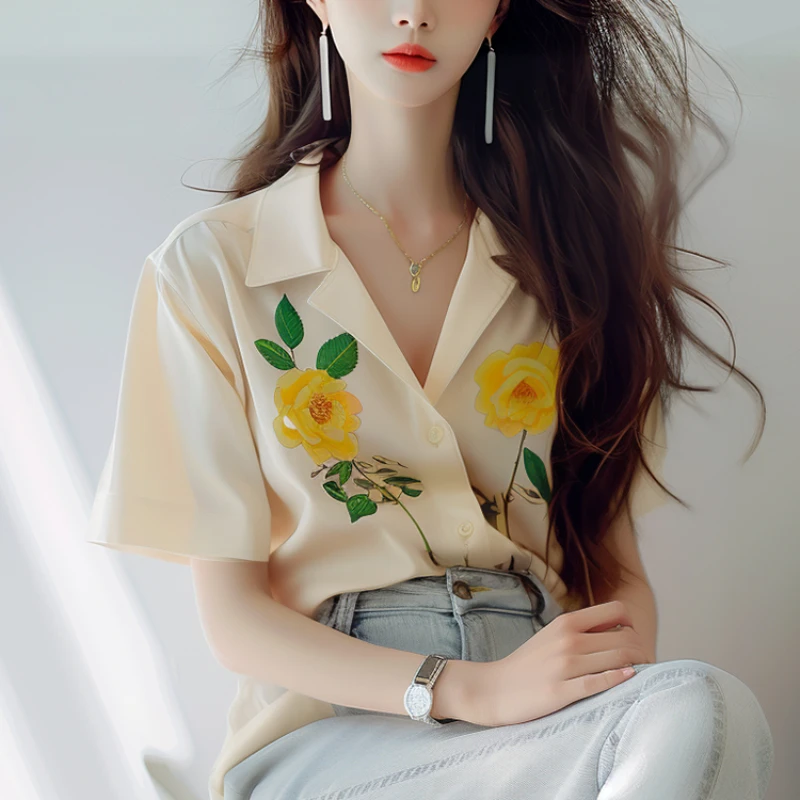 

Шифоновая женская рубашка, летняя винтажная блузка с принтом, модная свободная повседневная одежда с коротким рукавом, корейские Топы с коротким рукавом, 2024