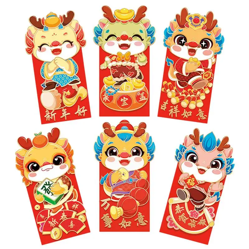 

Dragon Red Envelope 6Pcs 3D Lucky Money Envelopes Dragon Red Packet Cute Cartoon Year of The Dragon 2024 Envelopes for Spring