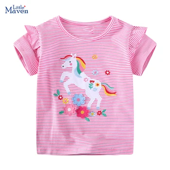 Little Maven Abbigliamento per bambini 2025 Estate Nuove magliette a righe Fiori di cartone animato Camicie unicorno Neonate Abbigliamento per bambini Cotone 1