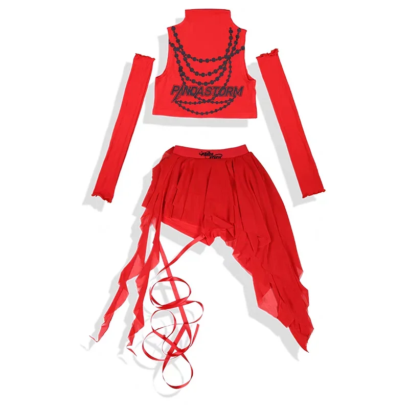 New Girls Jazz Dance Clothes Kids Red Crop Tops Skirt Cheerleading Dance Performance Costume Hip Hop Street Clothing Suit