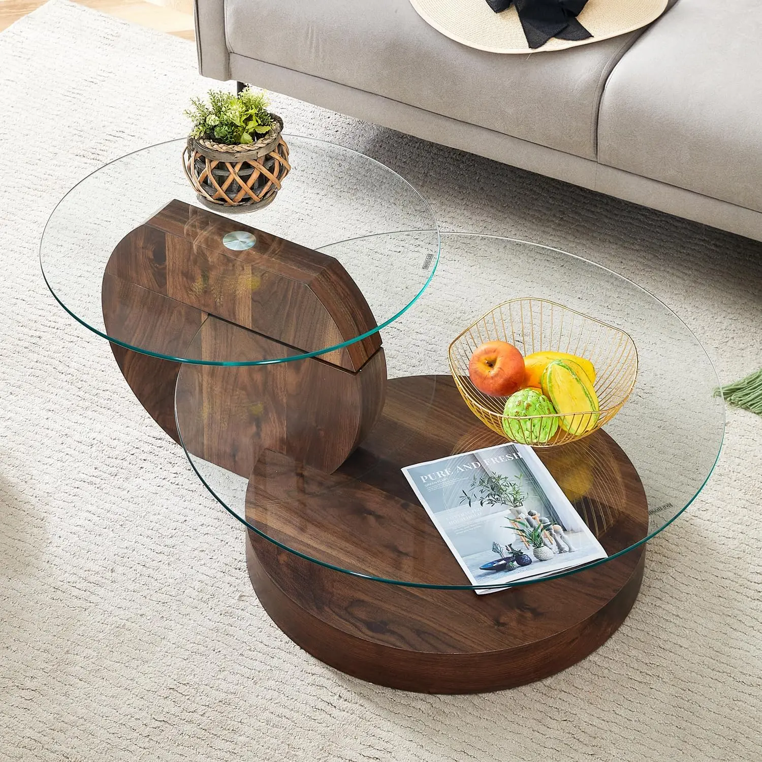 Glass Coffee Table,Modern Round Tempered Glass Coffee Tables for Living Room,Cocktail Table for Small Space Home Office (Walnut) 6