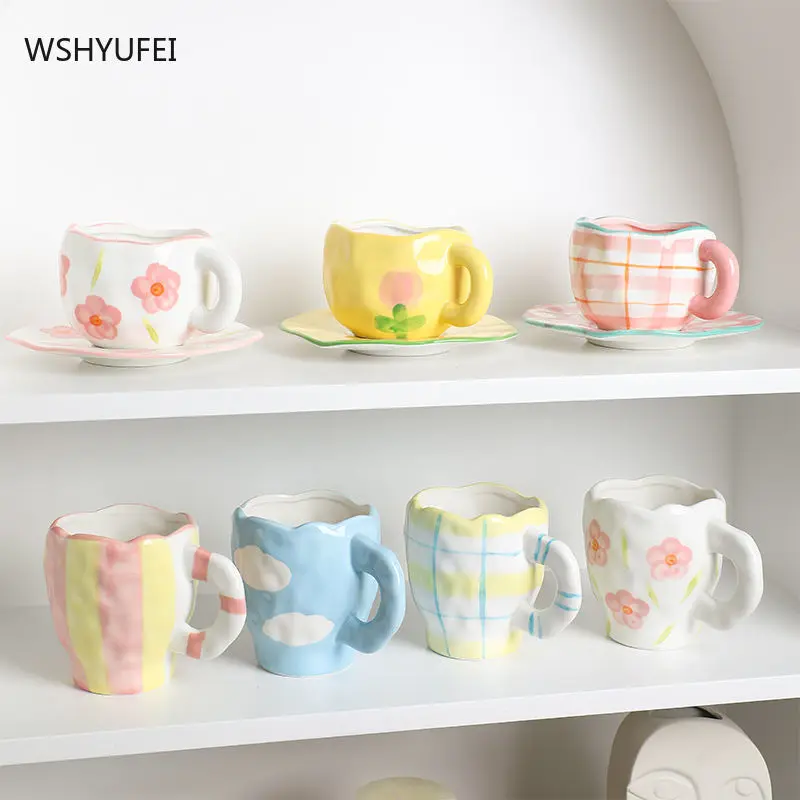 

WSHYUFEI Hand Pinched Texture Mug Cute Ceramic Water Cups Household Coffee Cup and Saucer Set Drinkware Kitchenware
