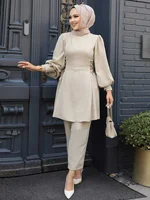 Ensemble 2 pièces pour femmes musulmanes, manches longues, à lacets, Y et pantalon, Turquie Abaya, tenues islamiques solides, caftan arabe, survêtement 4