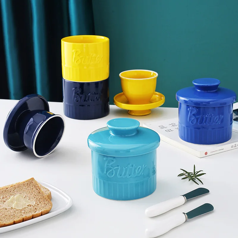 Butter box ceramic yellow oil tank butter dish cylindrical cheese cheese box sealed water butter storage box,ceramic sauce dishes