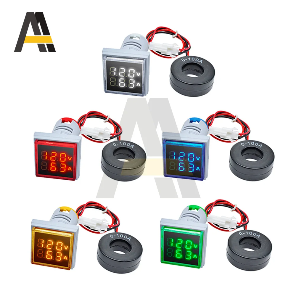 

22MM 0-100A Digital Ammeter Current Meter/Voltage Meters Indicator AC 60-500V Led Lamp Square Signal Light