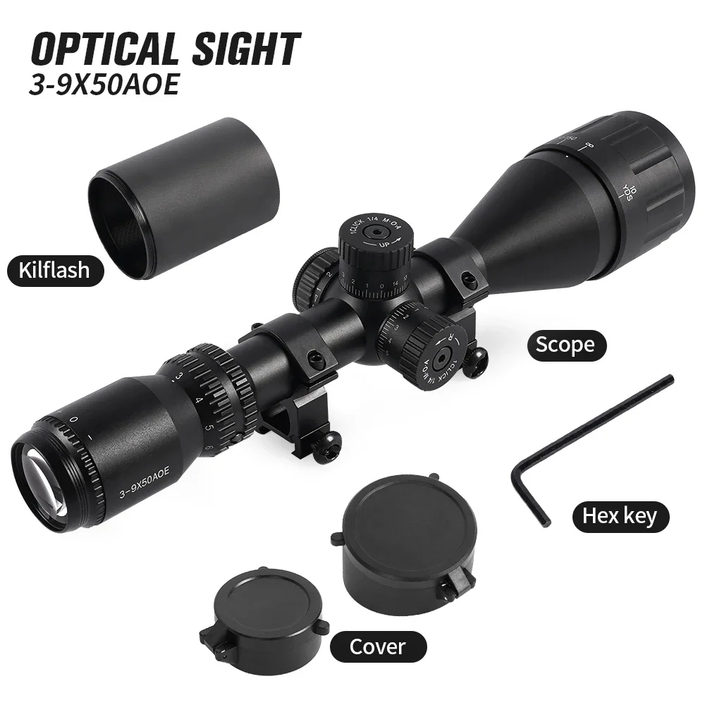 Tactical 3-9X50AOE Optical Sight with Red/Green Dot Laser Combination Adjustable Focal Length for Long-Range Hunting